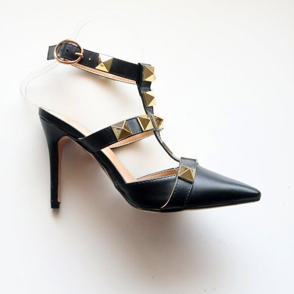 Nicole Miller Selty Black & Gold Pointy Toe Studded Heels / Pumps / Sandals 6.5 - Picture 8 of 16